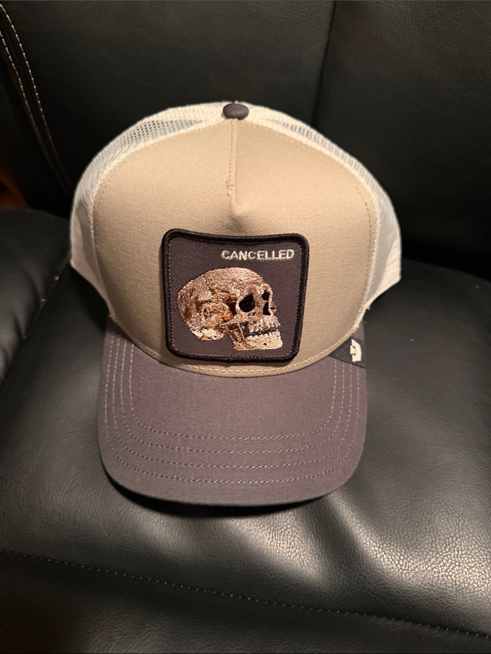 Trucker Cap with "CANCELED" Skull Patch - Beige and Gray